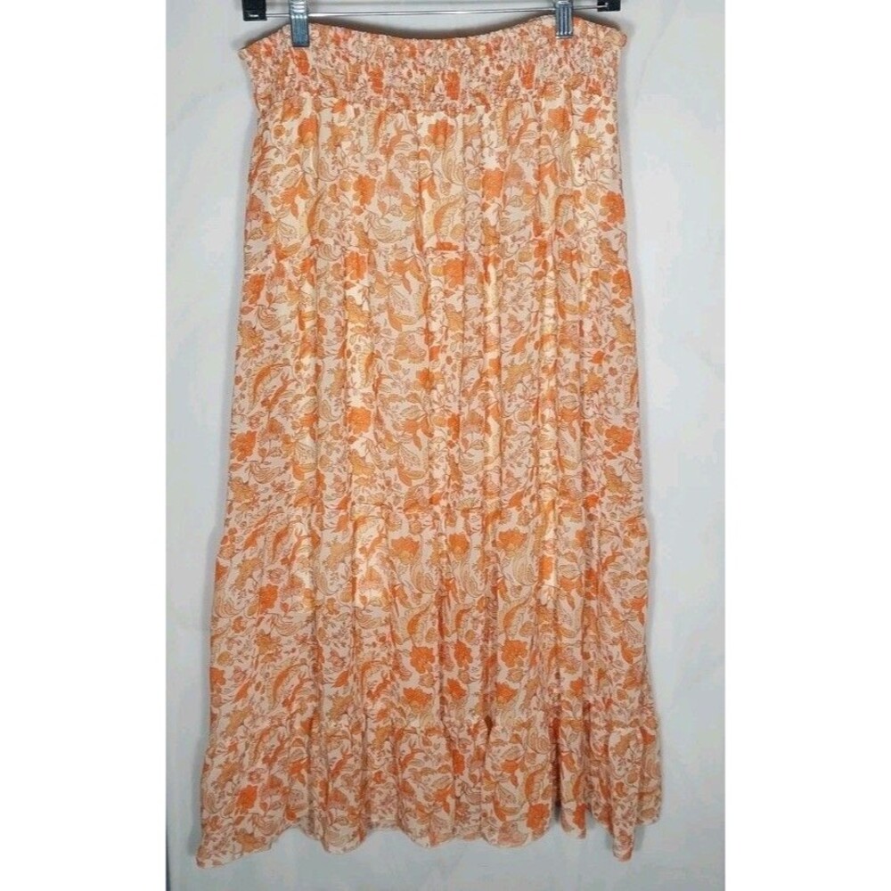 Cato Boho Prairie Floral Tiered Midi Skirt M Orange Cream Chiffon Lined